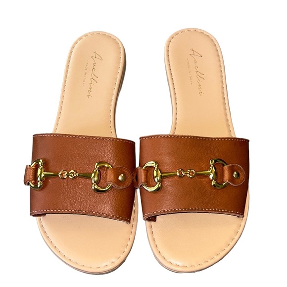 Avellini Italy Cognac Brown Faux Leather Gold Chain Bit Sandals Slides - 6.5 - Picture 7 of 15